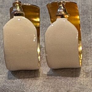Elegant Cream and Gold Women's Earrings Hoops Cream Enamel Post Back